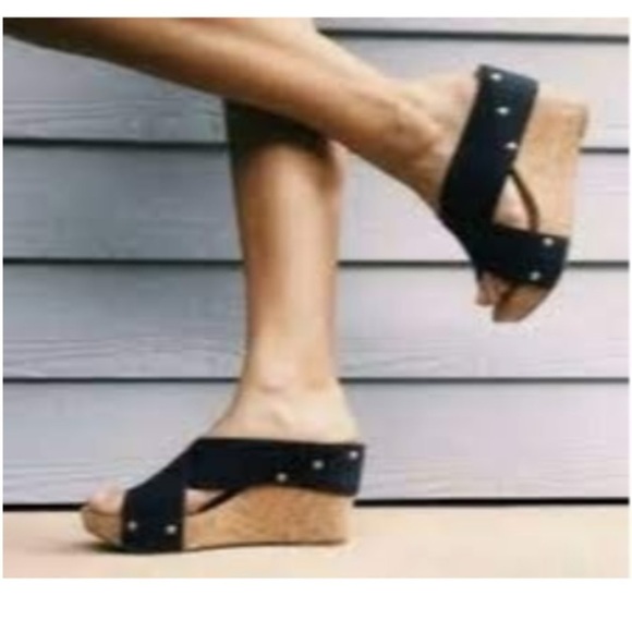 Lucky Brand Miller 2 Cork Wedge Platform Black Linen Strap Sandals 8 - Picture 1 of 11